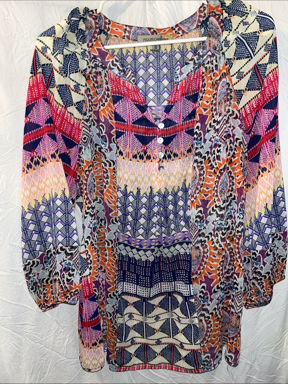 fig and flower Multicolor Geometric Tunic with Buttons